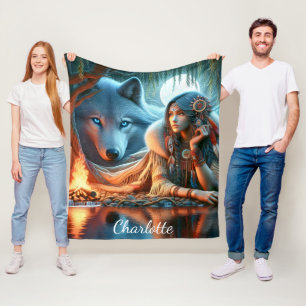 Peaceful night by river: Native and wolf Fleece Blanket