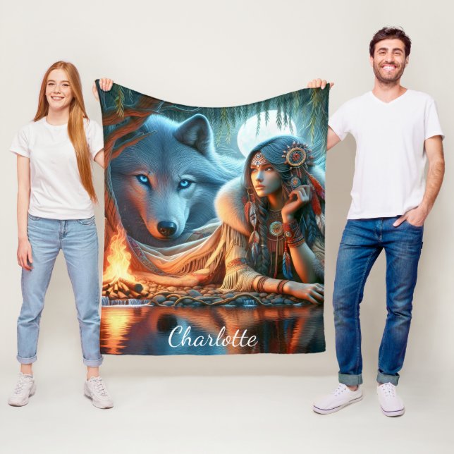 Peaceful night by river: Native and wolf Fleece Blanket (In Situ)
