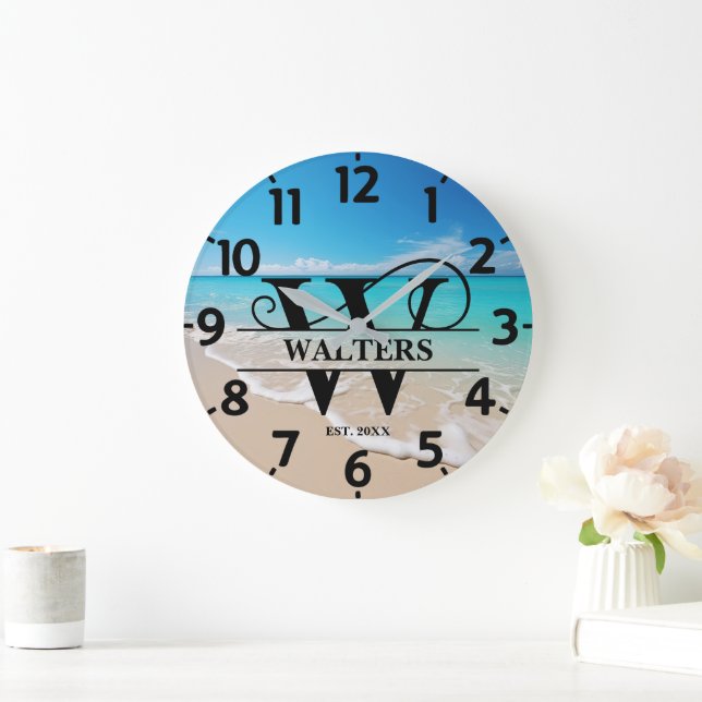 Peaceful Ocean Beach W Monogram Large Clock (Home)