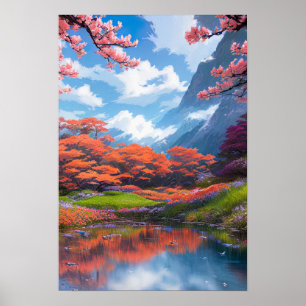 Peaceful Pond amidst Majestic Red Trees Poster