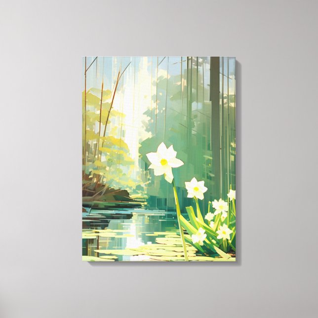 Peaceful Pond with White Daffodils Canvas Print (Front)