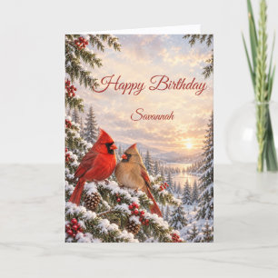 Peaceful Red Northern Cardinals Winter Birthday Card