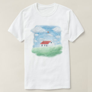 Peaceful Red Roof House on Green Hill T-Shirt