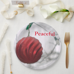 Peaceful Red Striped Sparkly Ornament Ball Paper Plate