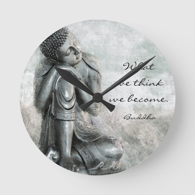 Peaceful Resting Silver Buddha With Wise Quote Round Clock (Front)