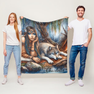 Peaceful riverside with a wolf friend fleece blanket