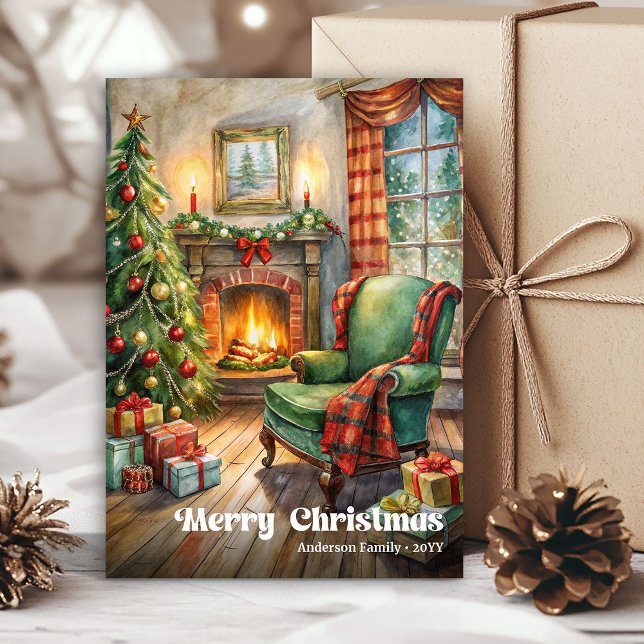 Peaceful rustic Christmas interior in green holida Holiday Card (Peaceful rustic Christmas interior in green holiday)