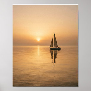 Peaceful Sailboat Gliding on Calm Sea at Sunset Ar Poster