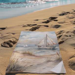 Peaceful Sailing Watercolor Coastal Beach Towel