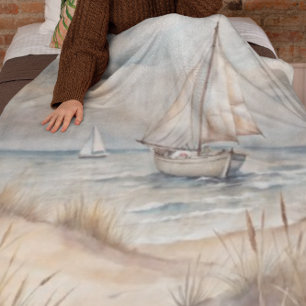 Peaceful Sailing Watercolor Coastal Fleece Blanket