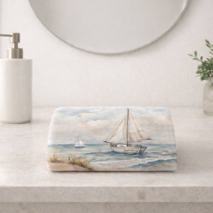 Peaceful Sailing Watercolor Coastal Hand Towel