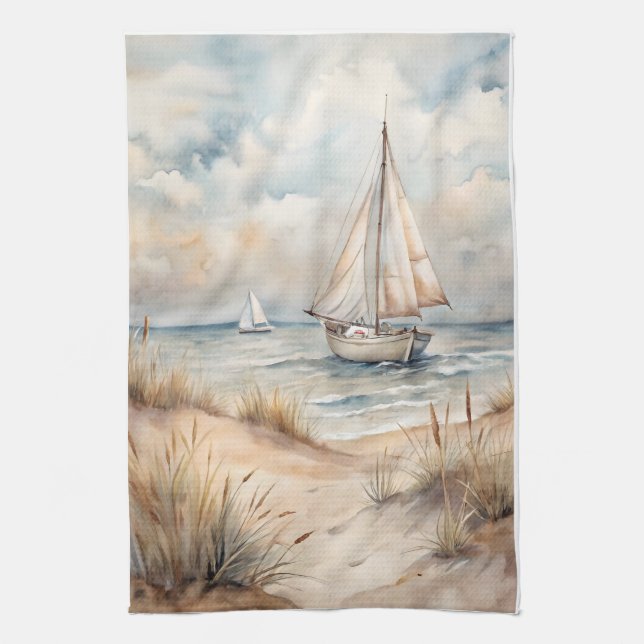 Peaceful Sailing Watercolor Coastal Kitchen Towel (Vertical)