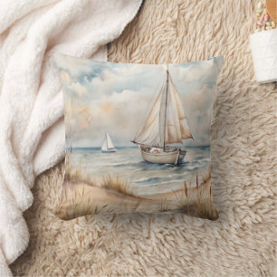 Peaceful Sailing Watercolor Coastal Throw Pillow