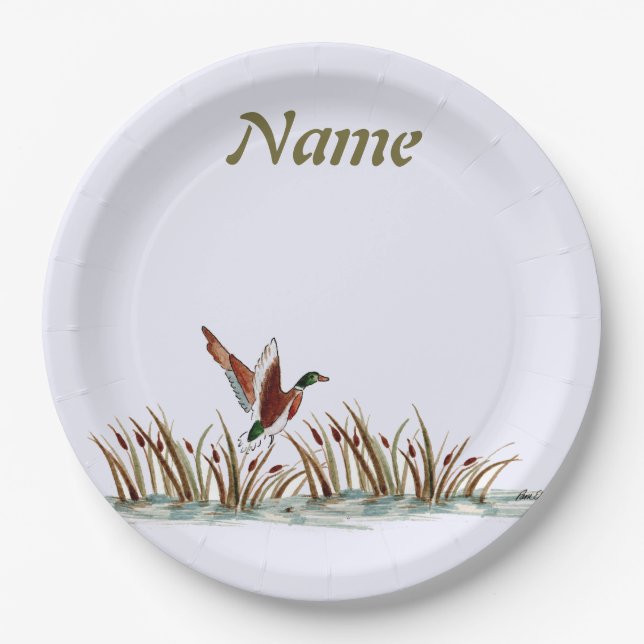 Peaceful Scene Mallard Duck Over Cattails  Paper Plate (Front)