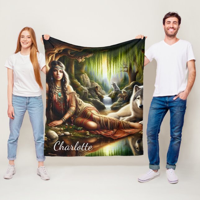 Peaceful scene: Native Indian and wolf Fleece Blanket (In Situ)