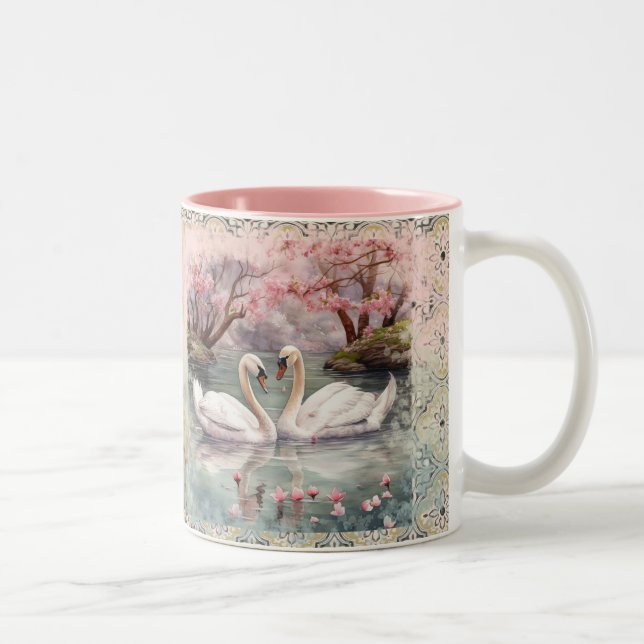 Peaceful Scene Swans on Lake - Teal Blush  Two-Tone Coffee Mug (Right)