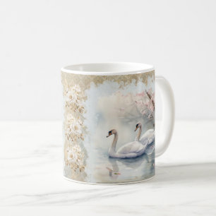 Peaceful Scene Swans on Lake - Teal Tan  Coffee Mug