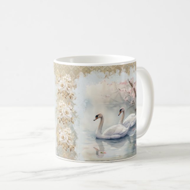 Peaceful Scene Swans on Lake - Teal Tan  Coffee Mug (Front Right)