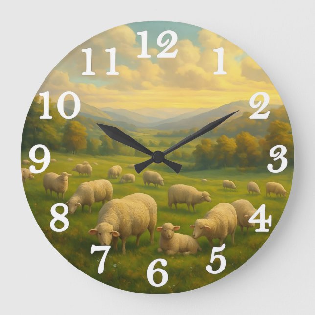 Peaceful sheep in pastoral meadow large clock (Front)