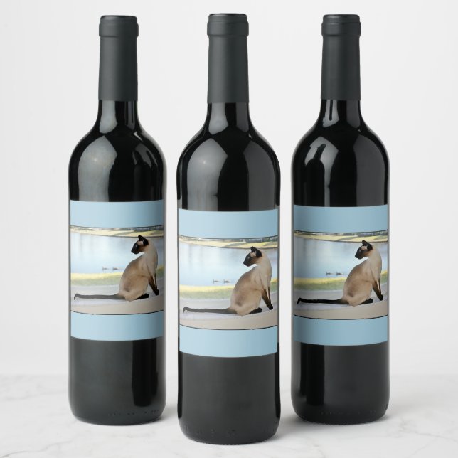 Peaceful Siamese Cat Painting Wine Label (Bottles)