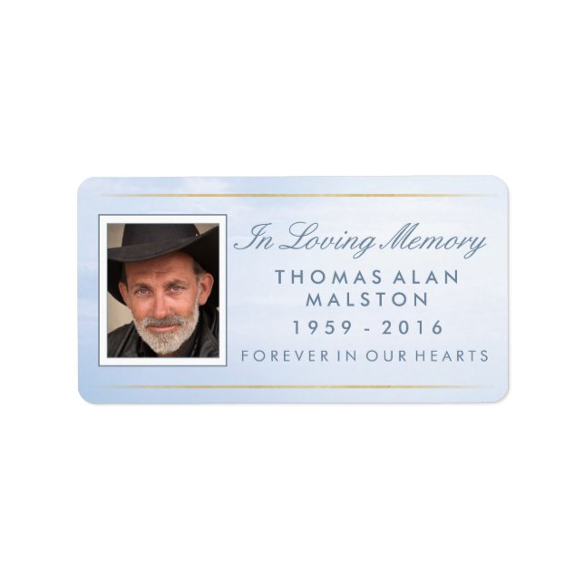 Peaceful Sky Blue In Loving Memory Custom Photo Label (Front)