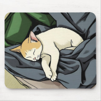 Peaceful Sleeping Kitten on Cozy Blanket Mouse Pad