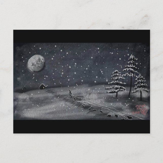 peaceful snowy night chalkboard scene postcard (Front)