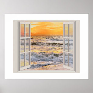 Peaceful sunset seashore seen through open window poster