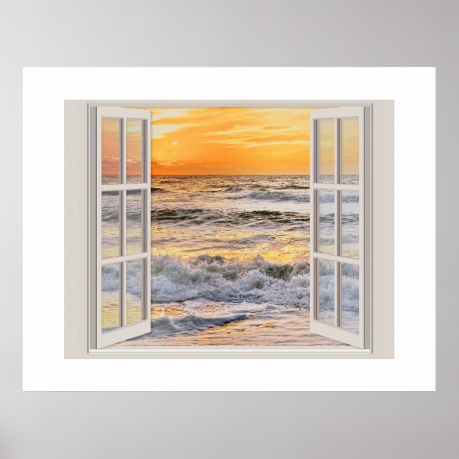 Peaceful sunset seashore seen through open window poster (Front)