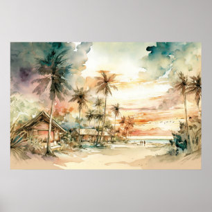 Peaceful Sunset Tropical Beach Watercolor Poster