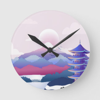 Peaceful Temple Scenery At Dawn Round Clock