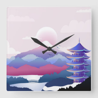 Peaceful Temple Scenery At Dawn Square Wall Clock