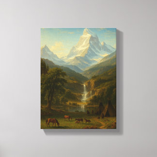 Peaceful Valley with Horses and Waterfall Canvas Print