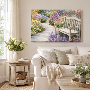 Peaceful Watercolor Flower Garden & Bench Canvas Print