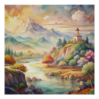Peaceful Watercolor Mountain River Scene