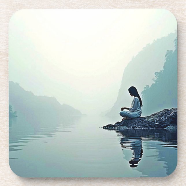 Peaceful Waterside Meditation Design Coaster (Front)