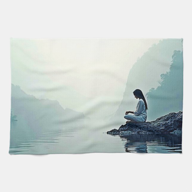 Peaceful Waterside Meditation Design Kitchen Towel (Horizontal)