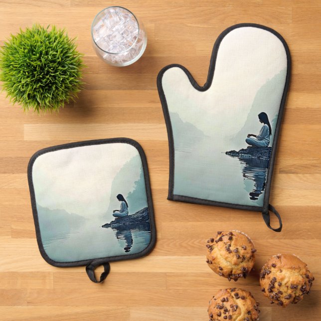 Peaceful Waterside Meditation Design Oven Mitt & Pot Holder Set (Top Down)
