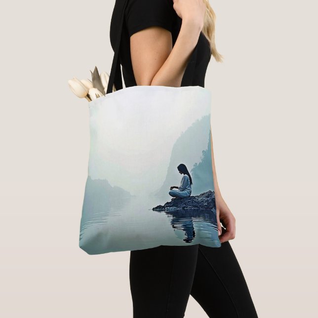 Peaceful Waterside Meditation Design Tote Bag (Close Up)