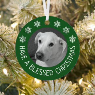 Peaceful White Dog Photo Merry Christmas Green Metal Ornament