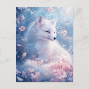 Peaceful White Fox in Cherry Blossom Garden Postcard