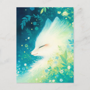 Peaceful White Fox in Sunlit Teal Garden Postcard