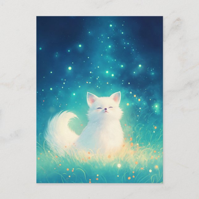 Peaceful White Fox Under Starry Night Sky Postcard (Front)