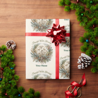 Peaceful Winter Blessings Wreath Pattern Wrapping Paper