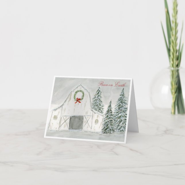 Peaceful Winter Holiday Barn Thank You Card (Front)