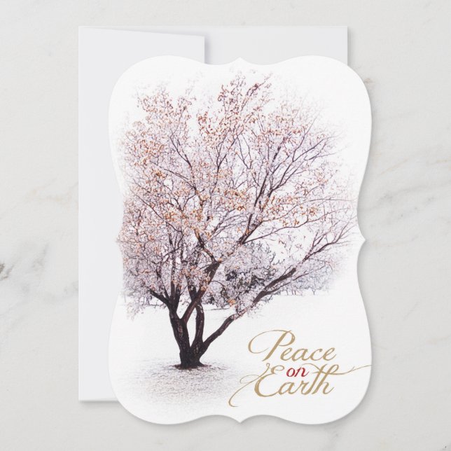Peaceful Winter Tree in Snow with Peace on Earth Holiday Card (Front)