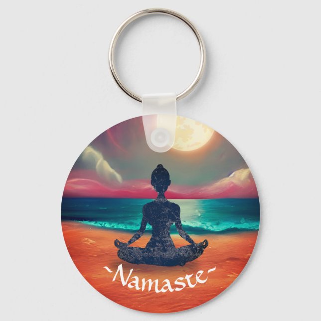 Peaceful Yoga Meditation Moonlight Sky Ocean Beach Keychain (Front)