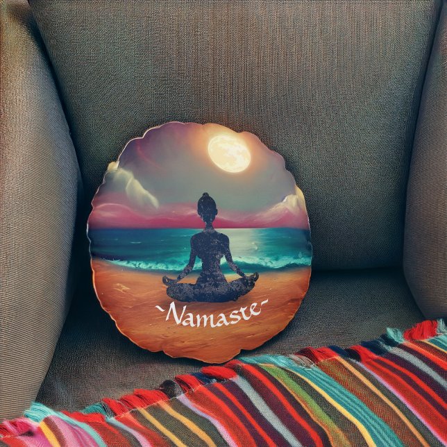 Peaceful Yoga Meditation Moonlight Sky Ocean Beach Round Pillow (Creator Uploaded)