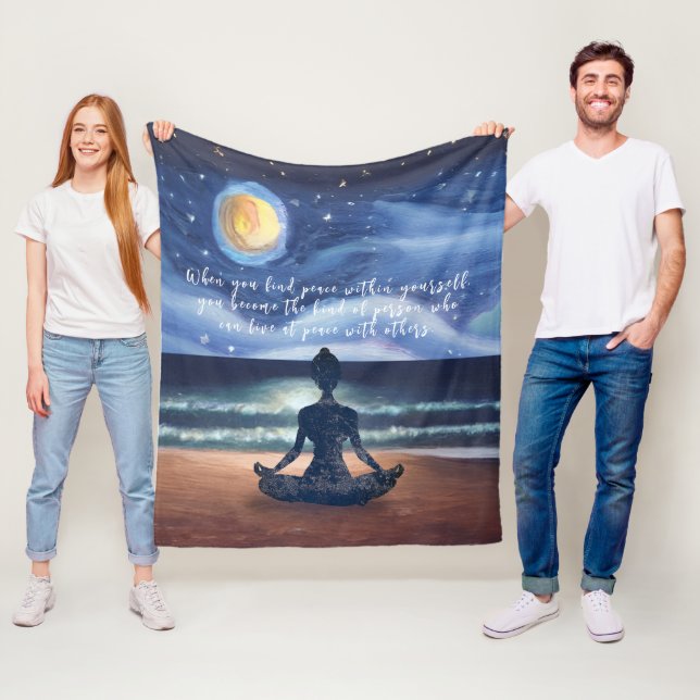 Peaceful Yoga Meditation Moonlight Sky Ocean Quote Fleece Blanket (In Situ)