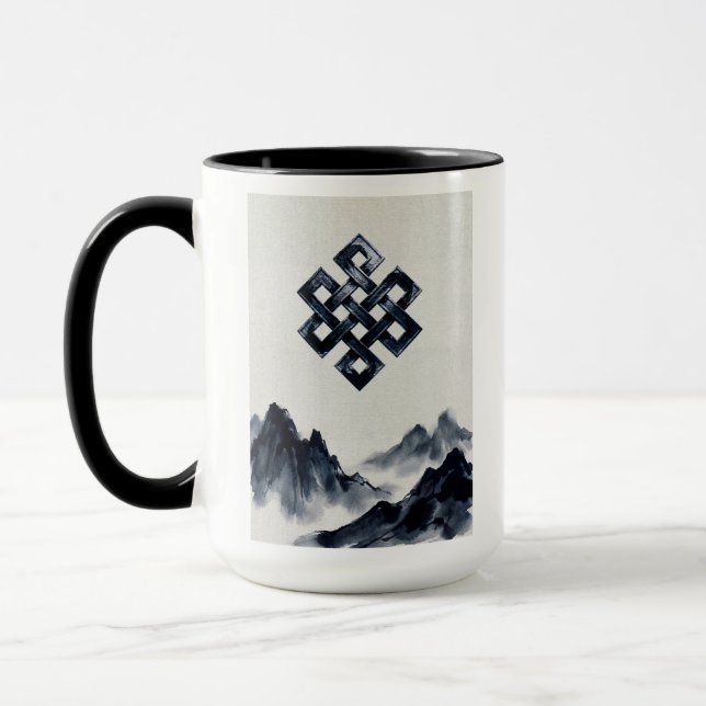 Peaceful Zen Buddhist Endless Knot Misty Mountains Mug (Left)